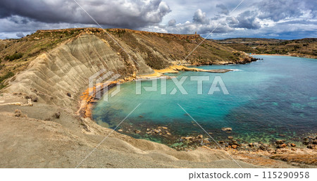 Ghajn Tuffieha Bay and Qarraba Bay with red sand. Malta Ghajn Tuffieha Bay and Qarraba Bay with red sand. Malta 115290958