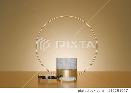 3D Render of Marble and gold pedestal over gold 115291037