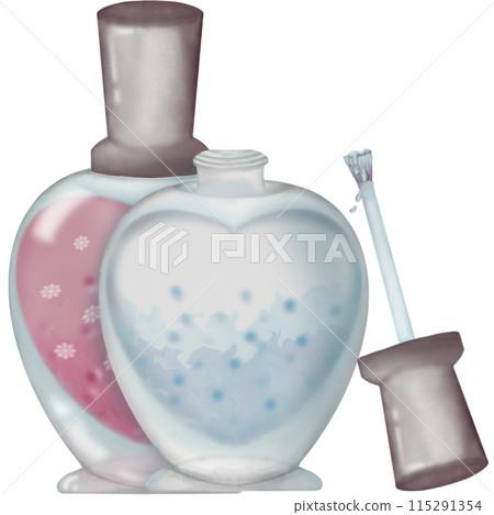 Nail polish pink and light blue,hand drawn style coquette decorated with ribbon and pearl.  115291354