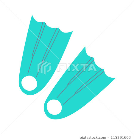 Cute Blue diving Flippers, isolated on white, vector Icon. Flat cartoon illustration, clipart. Doodle Design Object, Vacation, Sport and Leisure activity Concept. Graphic Art Snorkeling Equipment 115291603