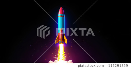 Illustrative representation of a simple rocket that is just starting and on its way up - ai generated 115291839