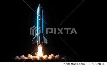 Illustrative representation of a simple rocket that is just starting and on its way up - ai generated Illustrative representation of a simple rocket that is just starting and on its way up - ai generated 115292031