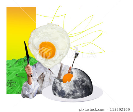 Contemporary art collage. Man with fried egg as head sits at table symbolizing often-hidden struggles of maintaining appearances while battling inner turmoil. Contemporary art collage. Man with fried egg as head sits at table symbolizing often-hidden struggles of maintaining appearances while battling inner turmoil. 115292169