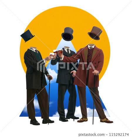 Contemporary art collage. Three headless men in vintage suits and top hats engage in toast against abstract background. Contemporary art collage. Three headless men in vintage suits and top hats engage in toast against abstract background. 115292174