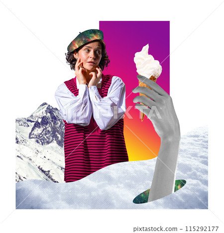 Contemporary art collage. Exploring new horizons. Young woman dressed in retro outfit stands amidst mountain covered by snow, landscape. 115292177