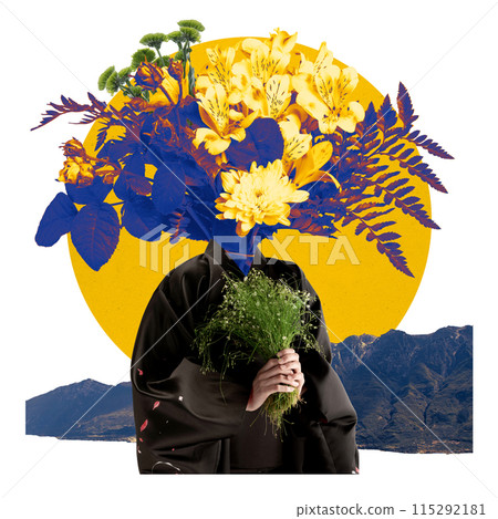 Modern artwork. Blossoms of Mind. Woman dressed in traditional black kimono stands with bouquet in hands and instead of head. 115292181