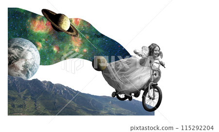 Contemporary artwork. Summer of Dreams. Young girl in vintage gown rides bike, soaring through surreal landscape, blends earthly and cosmic elements. 115292204