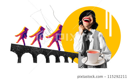 Contemporary art collage. Woman in vintage outfit with beret, stands joyfully talks on retro phone and cup of colorful drink against bridge wit walking fingers. Contemporary art collage. Woman in vintage outfit with beret, stands joyfully talks on retro phone and cup of colorful drink against bridge wit walking fingers. 115292211