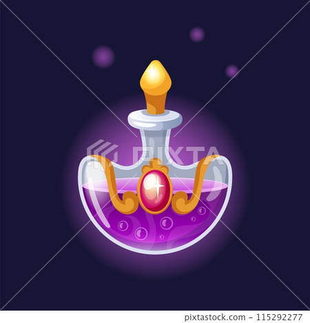 Magic potion. Elixir bottle. Mystery purple liquid. Magical poison. Fairy drink. Glass vial. Shiny gemstone. Wizard chemistry. Game asset. Alchemy lab. Fantasy beverage jar. Vector witchcraft phial Magic potion. Elixir bottle. Mystery purple liquid. Magical poison. Fairy drink. Glass vial. Shiny gemstone. Wizard chemistry. Game asset. Alchemy lab. Fantasy beverage jar. Vector witchcraft phial 115292277