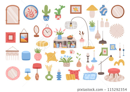 Home decoration. House interior. Room hygge design. Picture or mirror frame. Plant in pot. Flowers vase. Cartoon flat bookcase. Modern lamp. Cozy pillows. Vector garish apartment decor elements set 115292354