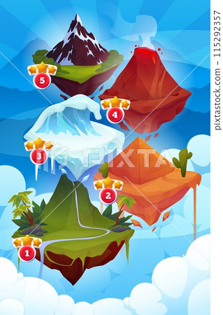 Game map island. Arcade interface. Gamers route. Mountain in sky cloud. Ice platform. Volcano fire. Desert dune. Jungle rock. Playing fantasy location. 3D cartoon GUI elements. Vector gaming UI ground Game map island. Arcade interface. Gamers route. Mountain in sky cloud. Ice platform. Volcano fire. Desert dune. Jungle rock. Playing fantasy location. 3D cartoon GUI elements. Vector gaming UI ground 115292357