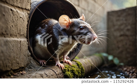 Close-up of a rat entering the human habitat from the sewer system - ai generated image Close-up of a rat entering the human habitat from the sewer system - ai generated image 115292426