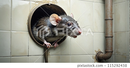 Close-up of a rat entering the human habitat from the sewer system - ai generated image Close-up of a rat entering the human habitat from the sewer system - ai generated image 115292438