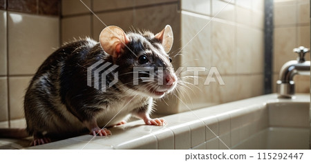 Close-up of a rat entering the human habitat from the sewer system - ai generated image Close-up of a rat entering the human habitat from the sewer system - ai generated image 115292447