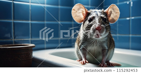 Close-up of a rat entering the human habitat from the sewer system - ai generated image Close-up of a rat entering the human habitat from the sewer system - ai generated image 115292453