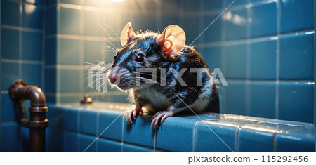 Close-up of a rat entering the human habitat from the sewer system - ai generated image Close-up of a rat entering the human habitat from the sewer system - ai generated image 115292456
