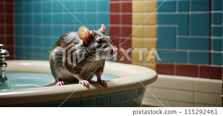 Close-up of a rat entering the human habitat from the sewer system - ai generated image Close-up of a rat entering the human habitat from the sewer system - ai generated image 115292461