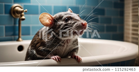 Close-up of a rat entering the human habitat from the sewer system - ai generated image Close-up of a rat entering the human habitat from the sewer system - ai generated image 115292463