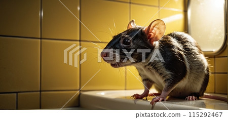 Close-up of a rat entering the human habitat from the sewer system - ai generated image 115292467
