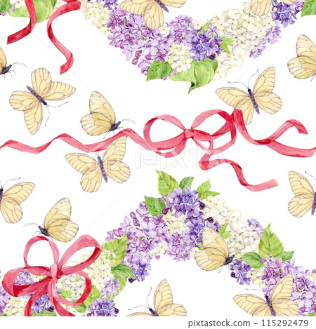 Seamless background with white and purple lilacs wrapped in pink silk ribbons. Watercolor spring flowers in botanical style. Hand drawing for printing on fabric, wrapping paper. 115292479