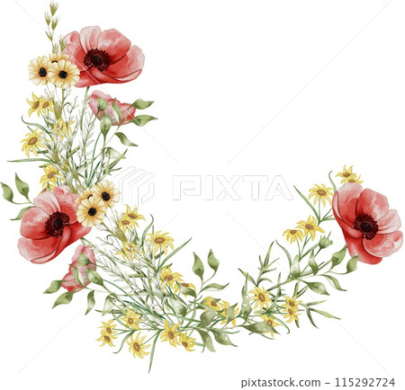Watercolor wildflowers wreath. Botanical arrangement of wild flowers and herbs. Summer floral composition Watercolor wildflowers wreath. Botanical arrangement of wild flowers and herbs. Summer floral composition 115292724