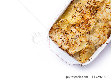 Potato gratin baked with cream and cheese isolated on white background Potato gratin baked with cream and cheese isolated on white background 115292928