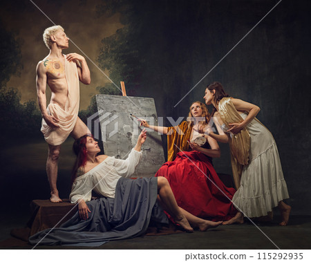 Muscular man with posing wrapped transparent fabric, while three women painting his portrait against vintage background. Neo-Classical scene. 115292935