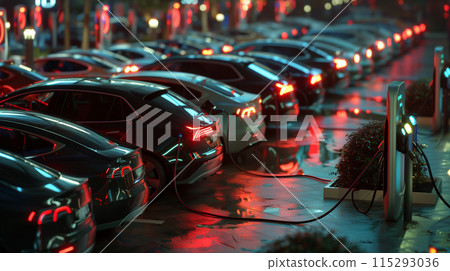 Futuristic super-fast speed electric sports car in city charging station by EV charger. Cutting-edge technology advancement of EV renewable energy. Luxury hyperspeed auto night drive concept. 115293036