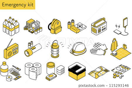 簡單的線條畫、防災用品等距插圖集 115293146