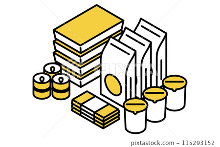 防災用品、緊急食品的簡單線圖、等距插圖 防災用品、緊急食品的簡單線圖、等距插圖 115293152