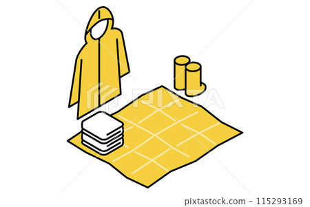 Disaster prevention goods, rain gear (raincoat and boots) with towels and sheets, simple line drawings, isometric illustrations 115293169
