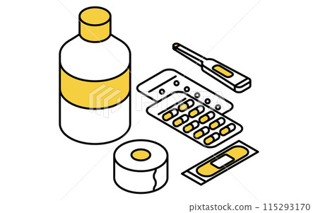 Disaster prevention goods, first aid supplies set simple line drawing, isometric illustration Disaster prevention goods, first aid supplies set simple line drawing, isometric illustration 115293170
