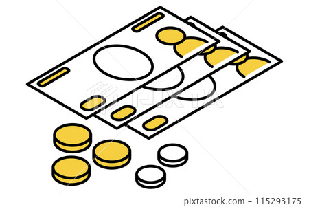 防災用品、現金(紙幣和硬幣)的簡單線條圖、等距插圖 防災用品、現金(紙幣和硬幣)的簡單線條圖、等距插圖 115293175