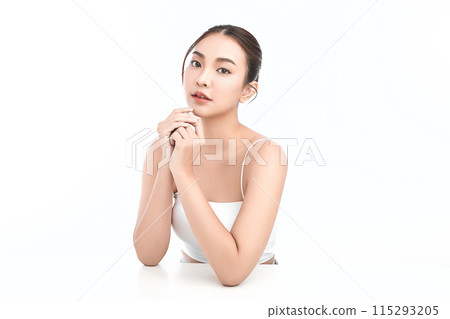 Beautiful young asian woman with clean fresh skin on white background, Face care, Facial treatment, Cosmetology, beauty and spa, Asian women portrait. Beautiful young asian woman with clean fresh skin on white background, Face care, Facial treatment, Cosmetology, beauty and spa, Asian women portrait. 115293205