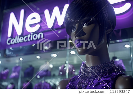 A mannequin dressed in a sparkling purple dress stands in a boutique window with a New Collection sign above. 115293247