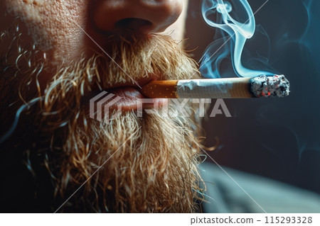 A close-up shot of a bearded mans face, with a cigarette between his lips, and smoke trailing from it. 115293328