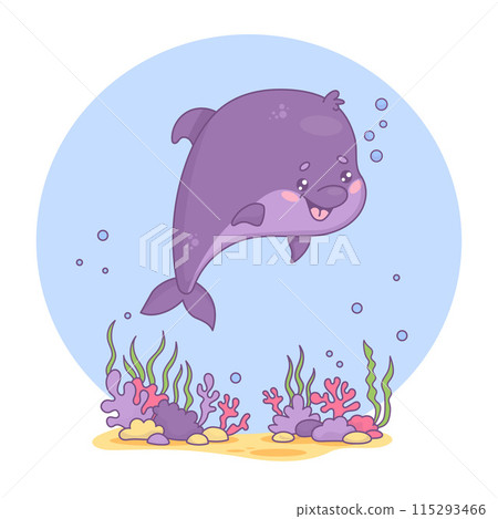 Cute funny dolphin. Underwater world with seaweed and cartoon kawaii character animal. Vector illustration. Kids collection. 115293466