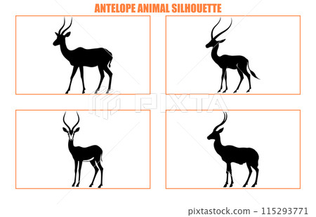 Set of antelope animal sihouette and illustration, Black silhouette of an antelope on a white background Set of antelope animal sihouette and illustration, Black silhouette of an antelope on a white background 115293771