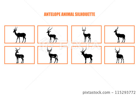 Set of antelope animal sihouette and illustration, Black silhouette of an antelope on a white background Set of antelope animal sihouette and illustration, Black silhouette of an antelope on a white background 115293772