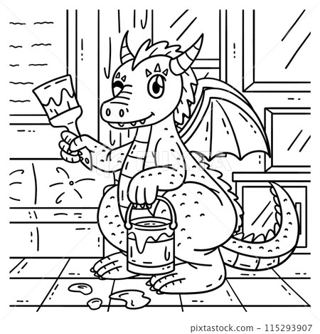 Dragon with Painting Tools Coloring Page for Kids Dragon with Painting Tools Coloring Page for Kids 115293907
