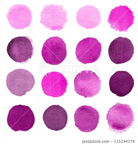 Set of purple, pink, violet watercolor circles isolated on a white background. Watercolour pink circles Set of purple, pink, violet watercolor circles isolated on a white background. Watercolour pink circles 115294174