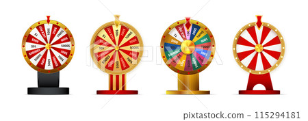 Fortune wheel vector set illustration for gambling background and lottery win concept. Wheel fortune for game and win jackpot. 115294181