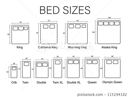 Sizes of beds and mattresses. Line icons of mattresses with dimensions. Vector 115294182