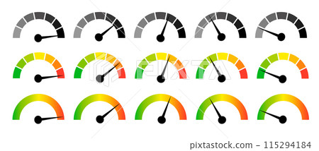 Speedometer gauge meter icons. Vector scale, level of performance. Speed indicator .Infographic of risk, gauge, score progress. 115294184