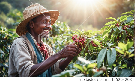 A man farmer harvests coffee.Raw red coffee beans in the hands of a farmer. A man farmer harvests coffee.Raw red coffee beans in the hands of a farmer. 115294208