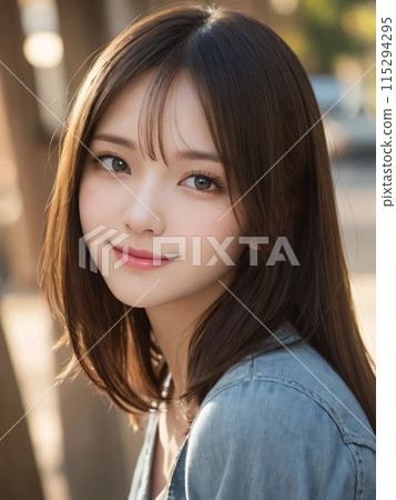 A long-haired woman smiling gently in the park 115294295
