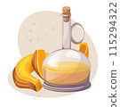 A vector image of a vessel with vegetable oil and several pumpkin slices, indicating that this oil is ideal for cooking pumpkin, or is itself pumpkin oil. EPS 10 115294322