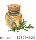Vector image of a vessel with vegetable oil and a sprig of marinade, as piquant complementary to each other. EPS 10 115294323