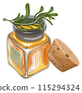 Vector image of a vessel with vegetable oil and a sprig of marinade, as piquant complementary to each other. EPS 10 115294324