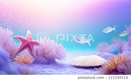 Underwater scenery with shells, starfish, fish, etc. Pastel colors 115294528